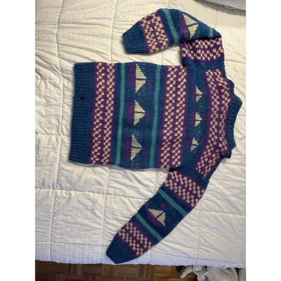 Vintage Blue Boat Print Sweater Knit Wool Purple Winter Holiday Stripe 90s *Read - Picture 5 of 11